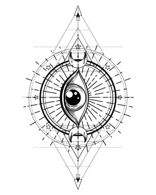 Siyah dövmeli flaş. Tanrı 'nın Gözü. Mason sembolü. Hepsi üçgen piramidin içini görüyor. Yeni Dünya Düzeni. Kutsal geometri, din, maneviyat, okültizm. İzole vektör illüstrasyonu.