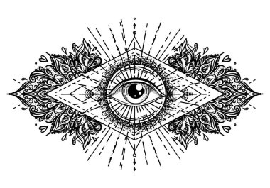 Siyah dövmeli flaş. Tanrı 'nın Gözü. Mason sembolü. Hepsi üçgen piramidin içini görüyor. Yeni Dünya Düzeni. Kutsal geometri, din, maneviyat, okültizm. İzole vektör illüstrasyonu.