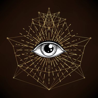 Siyah dövmeli flaş. Tanrı 'nın Gözü. Mason sembolü. Hepsi üçgen piramidin içini görüyor. Yeni Dünya Düzeni. Kutsal geometri, din, maneviyat, okültizm. İzole vektör illüstrasyonu.