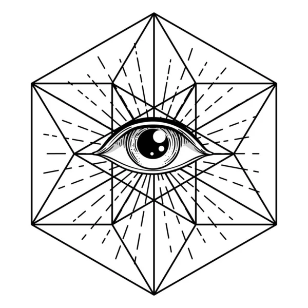 黑色纹身闪光 上帝的眼睛 共济会的象征都能看到三角形金字塔里面的眼睛 新的世界秩序 神圣的几何学 隐修术 孤立的矢量说明 — 图库矢量图片