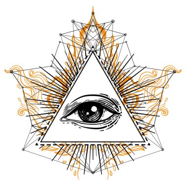 Siyah dövmeli flaş. Tanrı 'nın Gözü. Mason sembolü. Hepsi üçgen piramidin içini görüyor. Yeni Dünya Düzeni. Kutsal geometri, din, maneviyat, okültizm. İzole vektör illüstrasyonu.