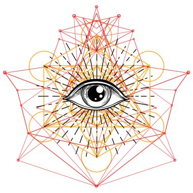 Siyah dövmeli flaş. Tanrı 'nın Gözü. Mason sembolü. Hepsi üçgen piramidin içini görüyor. Yeni Dünya Düzeni. Kutsal geometri, din, maneviyat, okültizm. İzole vektör illüstrasyonu.