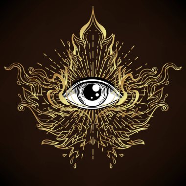 Siyah dövmeli flaş. Tanrı 'nın Gözü. Mason sembolü. Hepsi üçgen piramidin içini görüyor. Yeni Dünya Düzeni. Kutsal geometri, din, maneviyat, okültizm. İzole vektör illüstrasyonu.