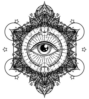 Siyah dövmeli flaş. Tanrı 'nın Gözü. Mason sembolü. Hepsi üçgen piramidin içini görüyor. Yeni Dünya Düzeni. Kutsal geometri, din, maneviyat, okültizm. İzole vektör illüstrasyonu.