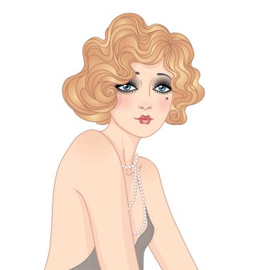 Art Deco, flapper Girl 'ün klasik çizimi. 1920 'lerin modası geçmiş parti karakteri. Büyüleyici olay veya caz partisi için vektör tasarımı.