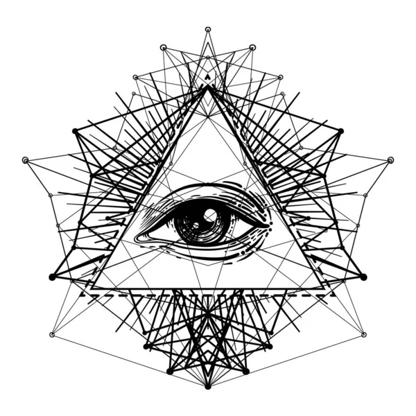 ブラックワーク タトゥー フラッシュ プロビデンスの眼 メゾニック シンボル 三角形のピラミッド内のすべての目 新世界秩序 神聖な幾何学 精神性 — ストックベクタ