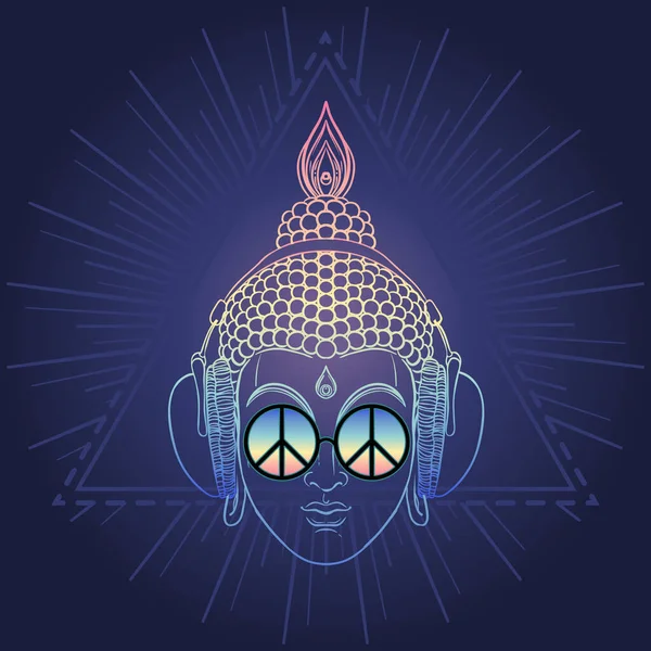Vrede Liefde Kleurrijke Boeddha Regenboogbril Luisterend Naar Muziek Hoofdtelefoon Vector — Stockvector
