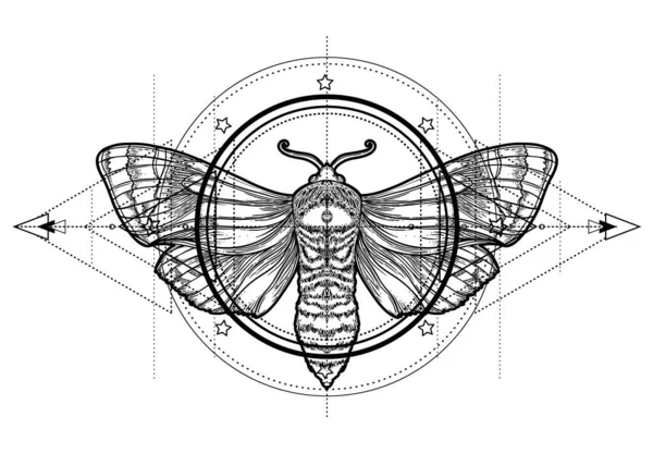 Чорно Білий Метелик Над Священним Знаком Геометрії Ізольований Векторний Малюнок — стоковий вектор