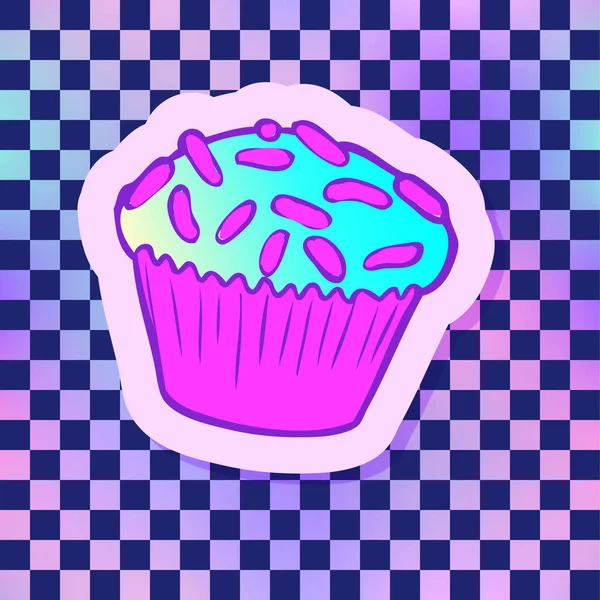 Cupcake Vector Illustration Chequer Pattern Background Pin Patch Design — Stockvector