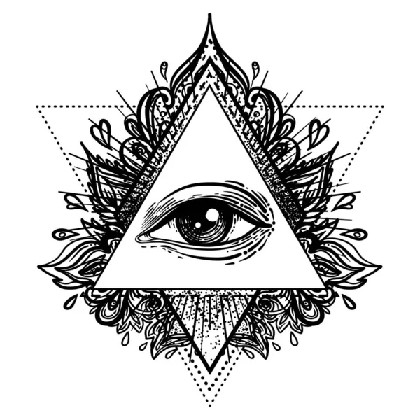 Tato Hitam Berkedip Mata Providence Simbol Masonik Semua Melihat Piramida - Stok Vektor