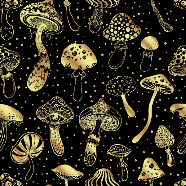 Magic Mushrooms Golden Seamless Pattern Psychedelic Hallucination 60S Hippie Colorful — Image vectorielle