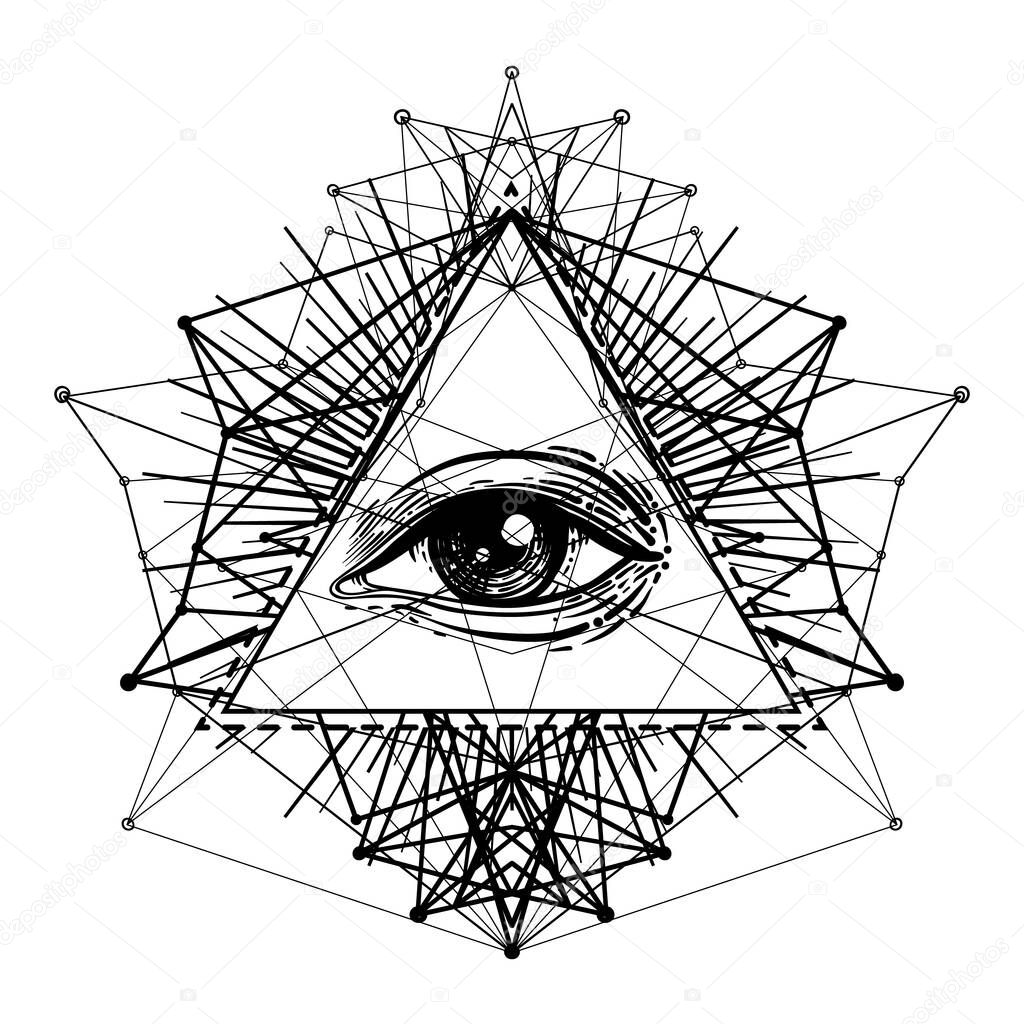 Blackwork tattoo flash. Eye of Providence. Masonic symbol. All seeing eye inside triangle pyramid. New World Order. Sacred geometry, religion, spirituality, occultism. Isolated vector illustration.