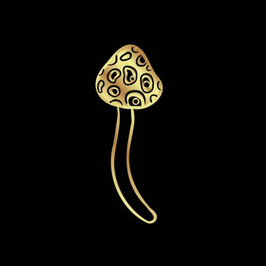 Magic mushrooms. Psychedelic hallucination. Gold vector illustration isolated on black. 60s hippie art. Coloring book for kids and adults.