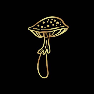Magic mushrooms. Psychedelic hallucination. Gold vector illustration isolated on black. 60s hippie art. Coloring book for kids and adults.