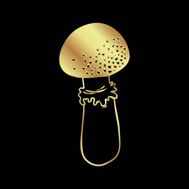 Magic mushrooms. Psychedelic hallucination. Gold vector illustration isolated on black. 60s hippie art. Coloring book for kids and adults.