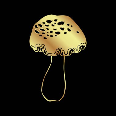 Magic mushrooms. Psychedelic hallucination. Gold vector illustration isolated on black. 60s hippie art. Coloring book for kids and adults.