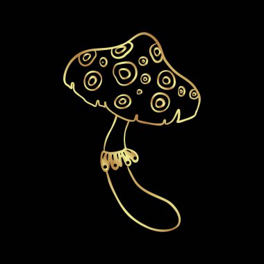 Magic mushrooms. Psychedelic hallucination. Gold vector illustration isolated on black. 60s hippie art. Coloring book for kids and adults.