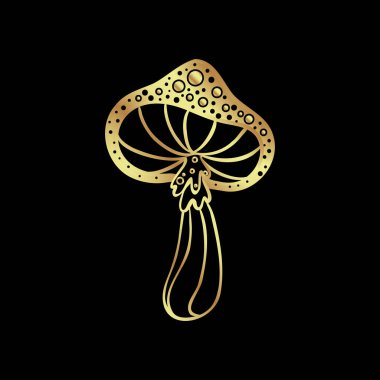 Magic mushrooms. Psychedelic hallucination. Gold vector illustration isolated on black. 60s hippie art. Coloring book for kids and adults.