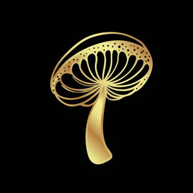Magic mushrooms. Psychedelic hallucination. Gold vector illustration isolated on black. 60s hippie art. Coloring book for kids and adults.