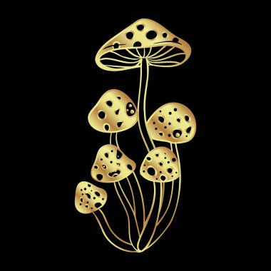 Magic mushrooms. Psychedelic hallucination. Gold vector illustration isolated on black. 60s hippie art. Coloring book for kids and adults.
