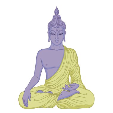 Modern Buddha listening to the music in headphones. Vector illustration. Vintage psychedelic composition. Buddhism, trance music. Tattoo, yoga, spirituality.