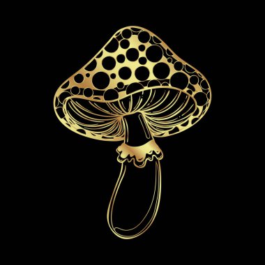 Magic mushrooms. Psychedelic hallucination. Gold vector illustration isolated on black. 60s hippie art. Coloring book for kids and adults.