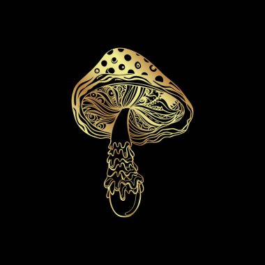 Magic mushrooms. Psychedelic hallucination. Gold vector illustration isolated on black. 60s hippie art. Coloring book for kids and adults.