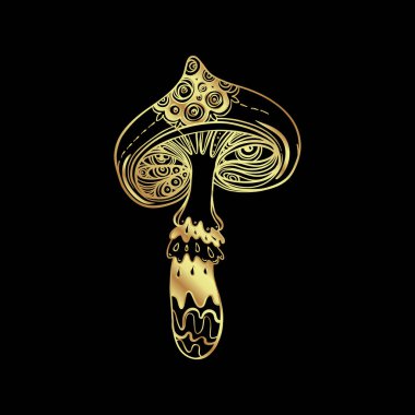 Magic mushrooms. Psychedelic hallucination. Gold vector illustration isolated on black. 60s hippie art. Coloring book for kids and adults.
