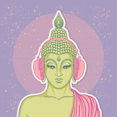 Modern Buddha listening to the music in headphones. Vector illustration. Vintage psychedelic composition. Buddhism, trance music. Tattoo, yoga, spirituality.