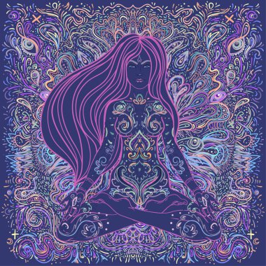 Beautiful Girl sitting in lotus position over ornate colorful mandala background. Vector illustration. Psychedelic mushroom composition. Buddhism esoteric motifs. Tattoo, spiritual yoga.