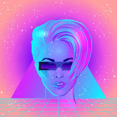 Gelecekçi sentetik dalga tarzı. El ilanı şablonu. Geçmişe dönük kısa traşlı peri desenli, çift cinsiyetli genç bir kadının portresi. Parlak neon renginde vektör illüstrasyonu