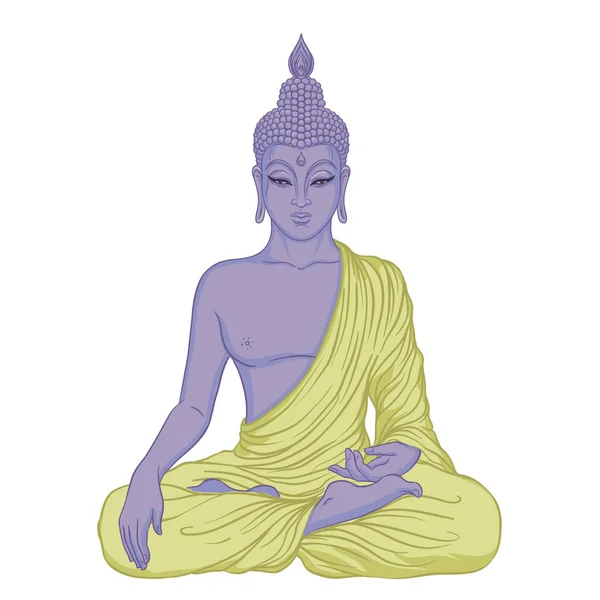 Современный Будда Слушает Музыку Наушниках Векторная Иллюстрация Винтажный Психоделический Состав — стоковый вектор