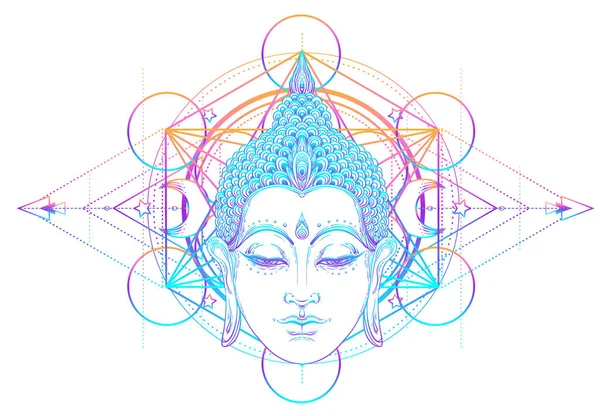 Bouddha Visage Sur Motif Rond Mandala Orné Illustration Vectorielle Vintage — Image vectorielle