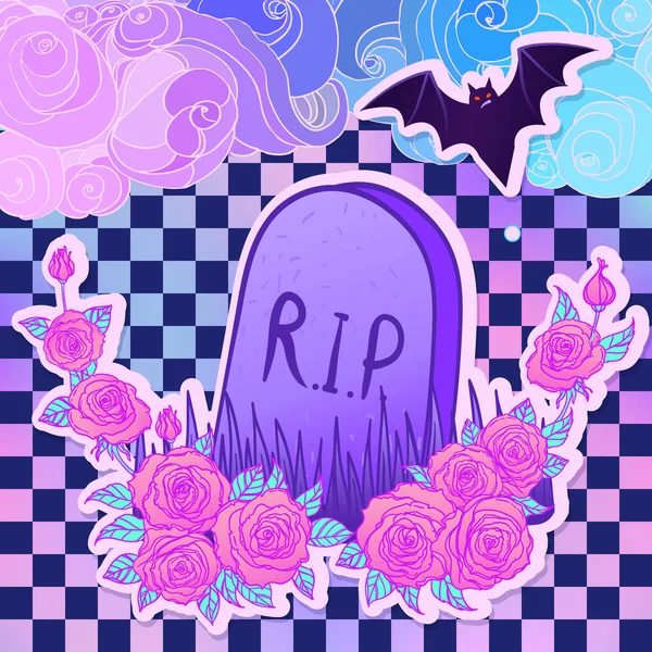 Tombstone Bat Roses Chequer Pattern Glamour Halloween Background Neon Pastel — Vetor de Stock