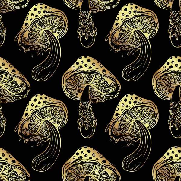 Magic Mushrooms Golden Seamless Pattern Psychedelic Hallucination 60S Hippie Colorful — Stockvektor
