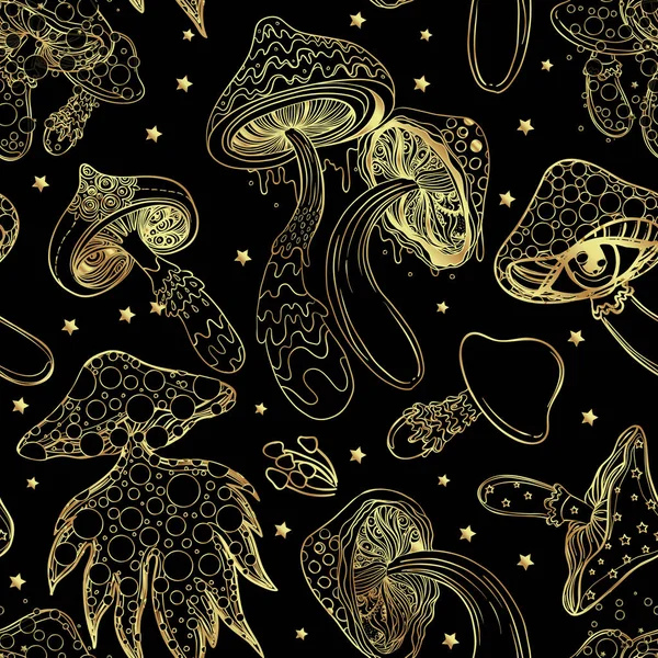 Magic Mushrooms Golden Seamless Pattern Psychedelic Hallucination 60S Hippie Colorful — Vetor de Stock