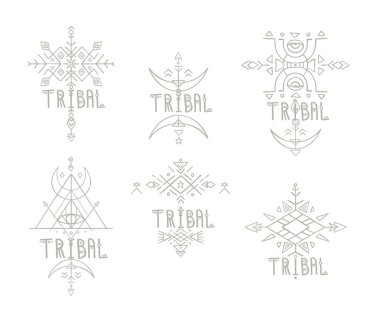 Kabile ve yerel sanattan esinlenilmiş soyut vektör logo şablonları. Geometrik açılar ve freehand elemanları dekoratif tasarımlar oluşturur.