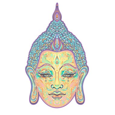 Buda 'nın yüzü mandala şeklinin üzerinde. Esrarengiz klasik vektör çizimi. Hint, Budizm, ruhani sanat. Hippi dövmesi, ruhanilik, Tayland tanrısı, yetişkinler için yoga zen boyama kitabı sayfaları.