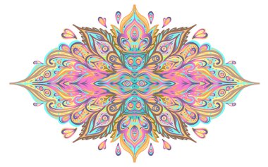 Vektör süslemeli Lotus çiçekli tasarım, etnik sanat, desenli Hint desenli şal deseni. El çizimi çizimi. Davetiye elemanı. Dövme, astroloji, simya, boho ve sihirli sembol.