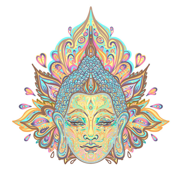 Buddha face over ornate mandala round pattern. Esoteric vintage vector illustration. Indian, Buddhism, spiritual art. Hippie tattoo, spirituality, Thai god, yoga zen Coloring book pages for adults.