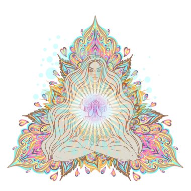 Beautiful Girl sitting in lotus position over ornate colorful mandala background. Vector illustration. Psychedelic mushroom composition. Buddhism esoteric motifs. Tattoo, spiritual yoga.