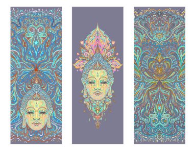 Buda 'nın yüzü mandala şeklinin üzerinde. Esrarengiz klasik vektör çizimi. Hint, Budizm, ruhani sanat. Hippi dövmesi, ruhanilik, Tayland tanrısı, yetişkinler için yoga zen boyama kitabı sayfaları.