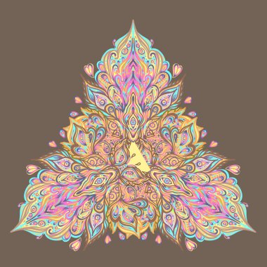 Vektör süslemeli Lotus çiçekli tasarım, etnik sanat, desenli Hint desenli şal deseni. El çizimi çizimi. Davetiye elemanı. Dövme, astroloji, simya, boho ve sihirli sembol.