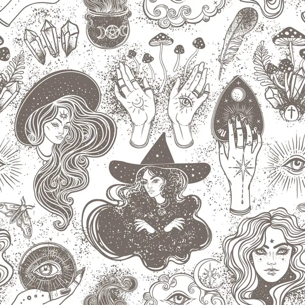 Mystique Magie Arrière Plan Religion Occultisme Avec Des Symboles Ésotériques — Image vectorielle