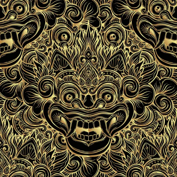 Баронг Традиционная Балийская Маска Векторный Декоративный Орнамент Черно Золотой Бесшовный — стоковый вектор