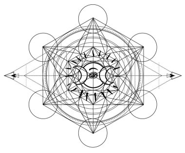 Metatron Küpü. Ay putperest ay tanrıçası sembolü. Üç yüzlü Tanrıça, Bakire, Anne, Kocakarı izole edilmiş vektör çizimi. Dövme, astroloji, simya, boho ve sihirli sembol. Boyama kitabı..