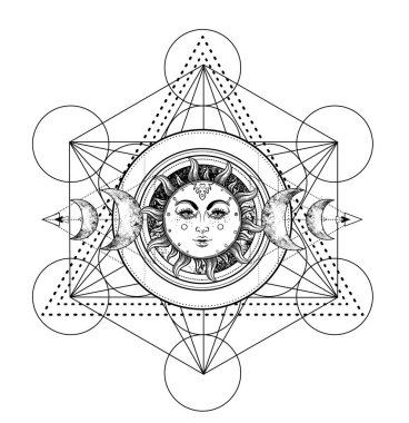 Metatron Küpü. Ay putperest ay tanrıçası sembolü. Üç yüzlü Tanrıça, Bakire, Anne, Kocakarı izole edilmiş vektör çizimi. Dövme, astroloji, simya, boho ve sihirli sembol. Boyama kitabı.