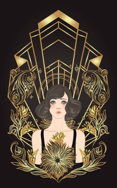 Art Deco vintage davetiye şablonu tasarımı ve desenler ve çerçeveler üzerinde flapper girl çizimi. 1920 'lerde Retro Party' nin arka planı belirlendi. Büyüleyici etkinlik için vektör, tematik düğün veya caz