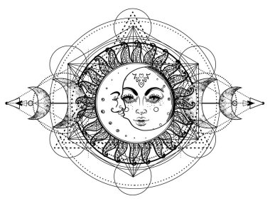 Metatron Küpü. Ay putperest ay tanrıçası sembolü. Üç yüzlü Tanrıça, Bakire, Anne, Kocakarı izole edilmiş vektör çizimi. Dövme, astroloji, simya, boho ve sihirli sembol. Boyama kitabı.