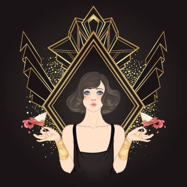 Art Deco vintage davetiye şablonu tasarımı ve desenler ve çerçeveler üzerinde flapper girl çizimi. 1920 'lerde Retro Party' nin arka planı belirlendi. Büyüleyici etkinlik için vektör, tematik düğün veya caz